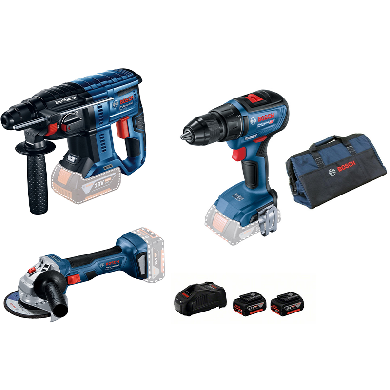 BOSCH cordless hammer drill, angle grinder and screwdriver set PROMIX GBH 180 + GWS 180 + GSR 18V-50 + BAG + GAL 18-40 + 2 GBA 4.0 AH